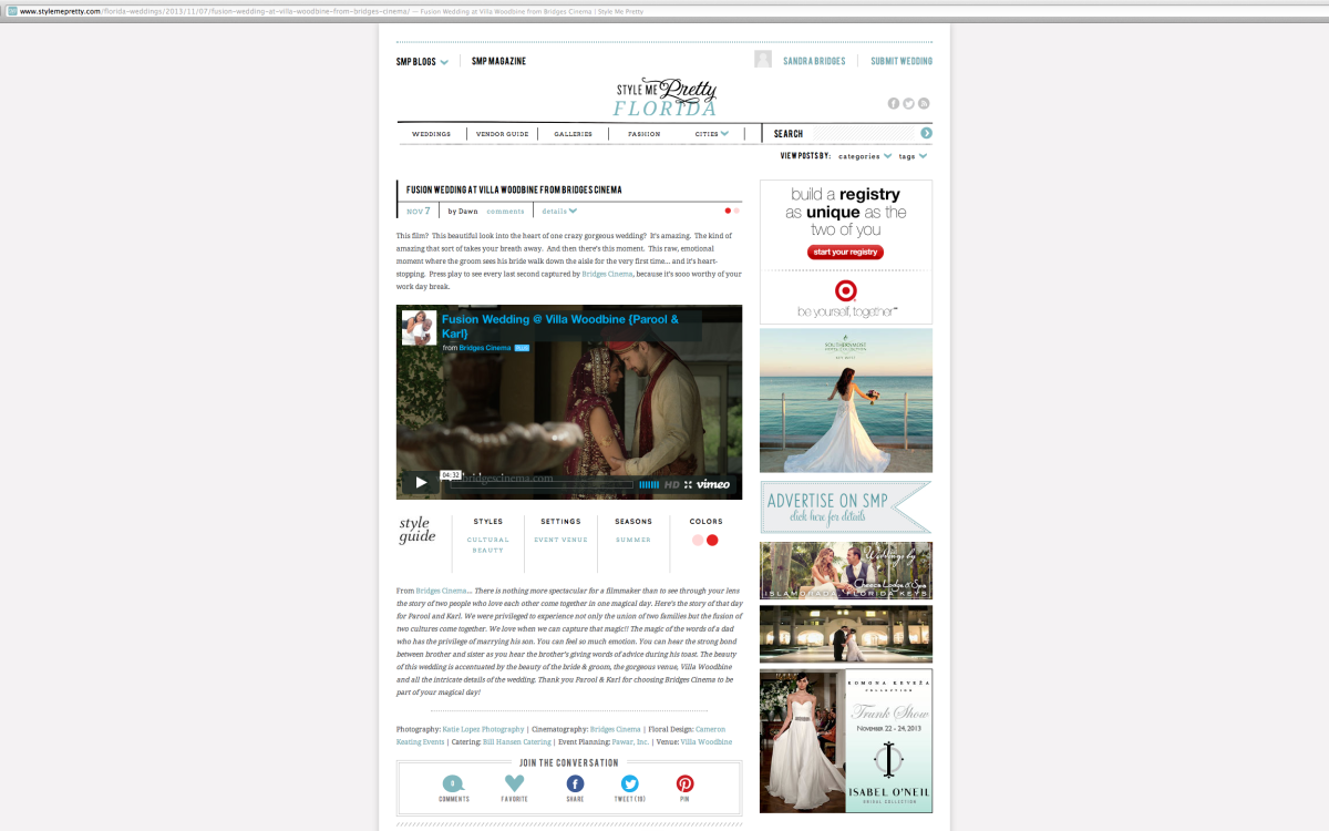 Featured on Style Me Pretty!!! Parool and Karl's Fusion Wedding at Villa Woodbine